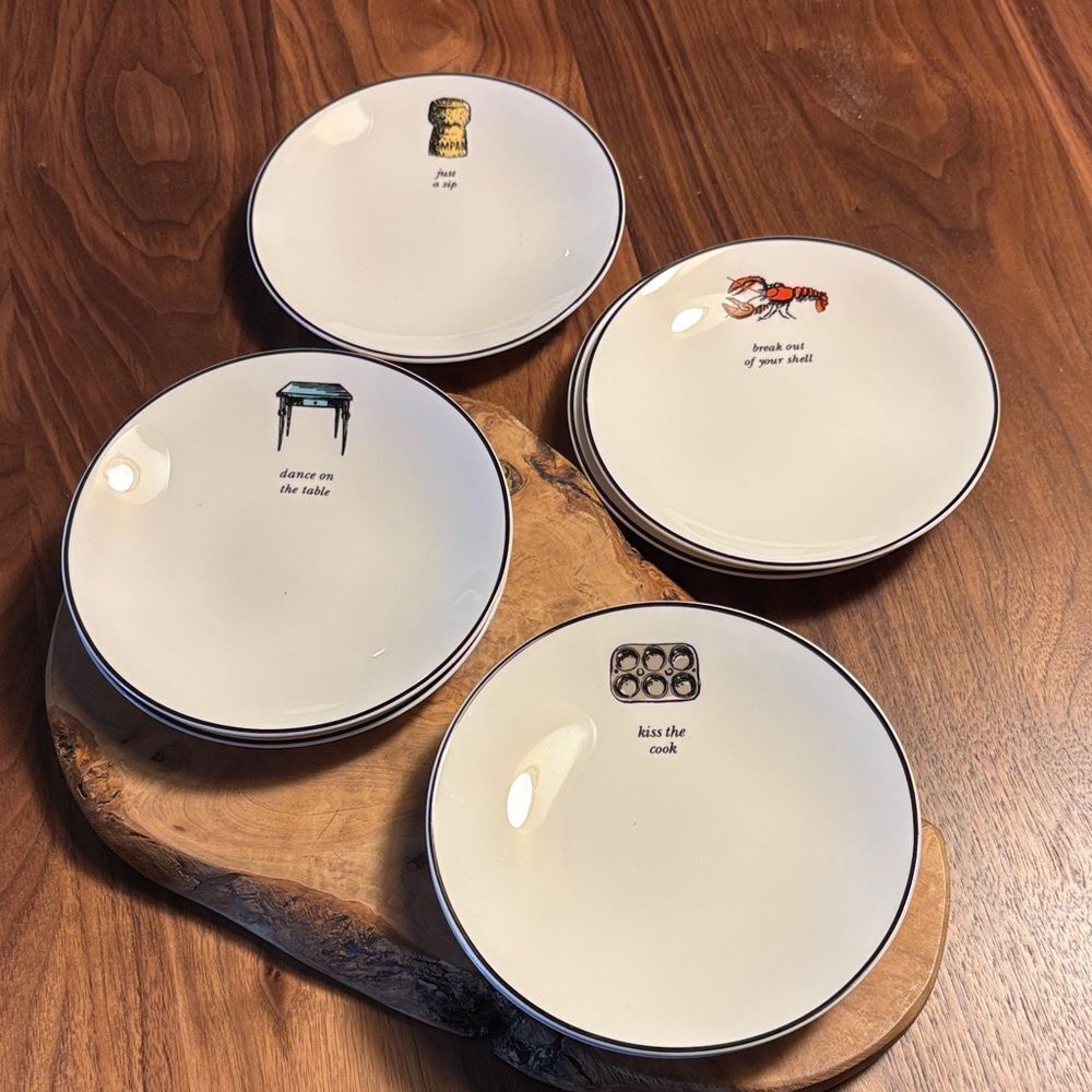kate spade White Plates with Black Trim and Playful Illustrations - Qty 7